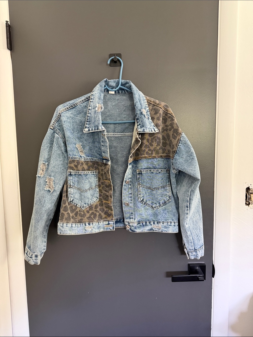 Women’s Light Blue Denim Jacket with Leopard Panels